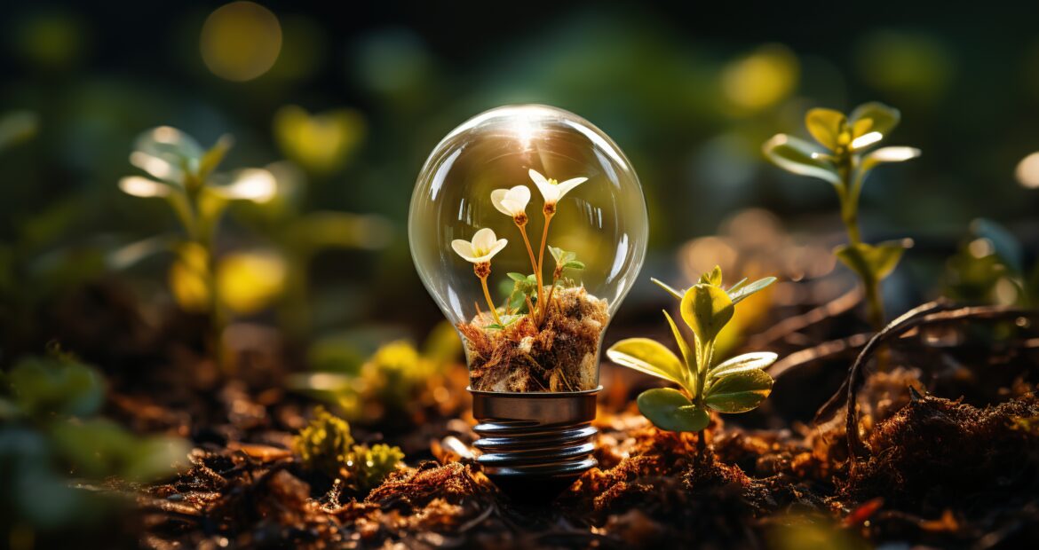 Light bulb with small plant growing inside. Ecology and environment concept.