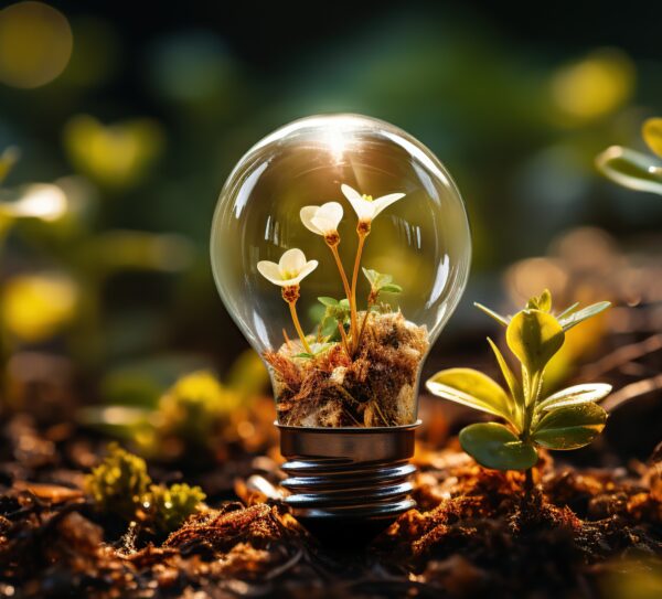 Light bulb with small plant growing inside. Ecology and environment concept.